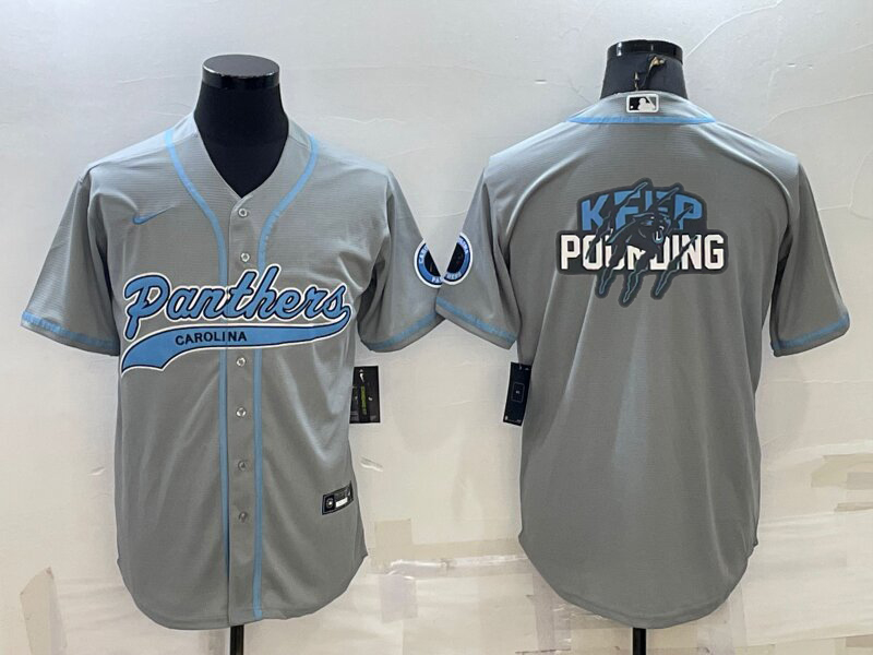 Men's Carolina Panthers Grey Team Big Logo With Patch Cool Base Stitched Baseball Jersey Men's Carolina Panthers Grey Team Big Logo With Patch Cool Base Stitched Baseball Jersey